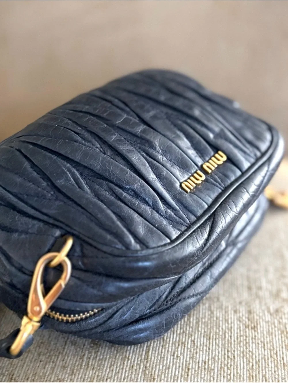 Miu Miu Quilted Navy Leather Crossbody with Gold Hardware